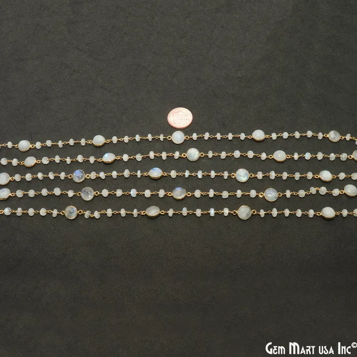 GemMartUSA Necklaces Rainbow Moonstone Cabochon Gold Plated Beads Rosary Chain GemMartUSA Necklaces Rainbow Moonstone Cabochon Gold Plated Beads Rosary Chain