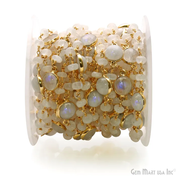 GemMartUSA Necklaces Rainbow Moonstone Cabochon Gold Plated Beads Rosary Chain GemMartUSA Necklaces Rainbow Moonstone Cabochon Gold Plated Beads Rosary Chain