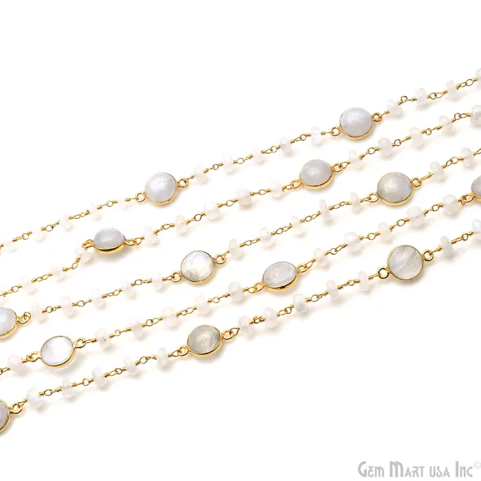 GemMartUSA Necklaces Rainbow Moonstone Cabochon Gold Plated Beads Rosary Chain GemMartUSA Necklaces Rainbow Moonstone Cabochon Gold Plated Beads Rosary Chain