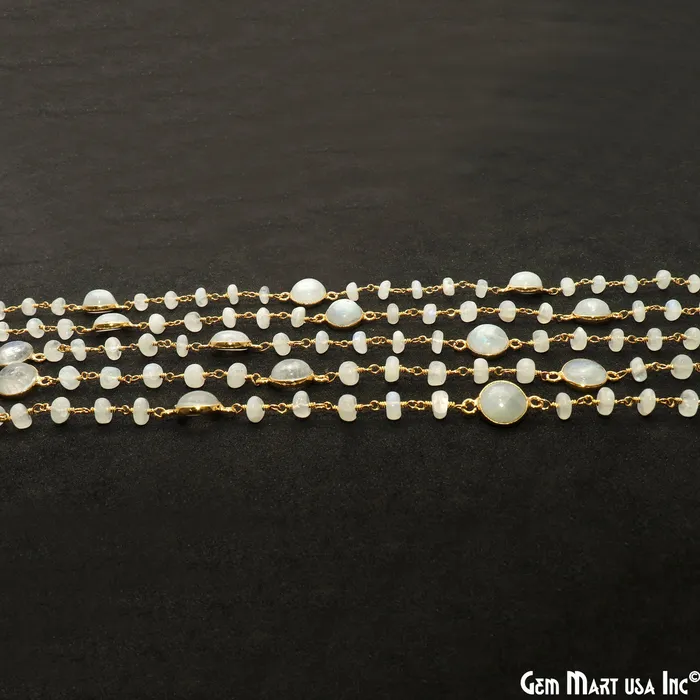 GemMartUSA Necklaces Rainbow Moonstone Cabochon Gold Plated Beads Rosary Chain GemMartUSA Necklaces Rainbow Moonstone Cabochon Gold Plated Beads Rosary Chain