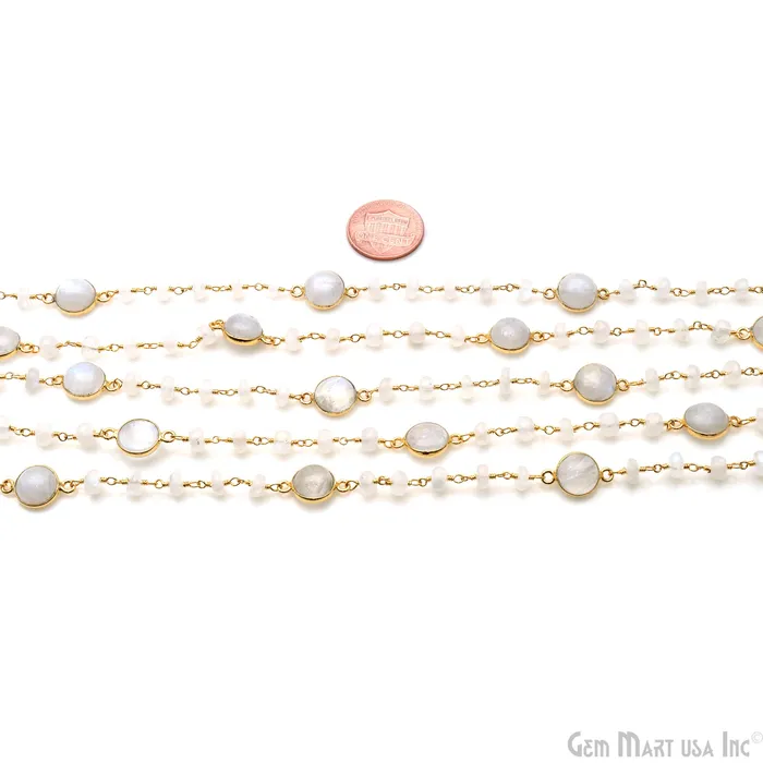 GemMartUSA Necklaces Rainbow Moonstone Cabochon Gold Plated Beads Rosary Chain GemMartUSA Necklaces Rainbow Moonstone Cabochon Gold Plated Beads Rosary Chain