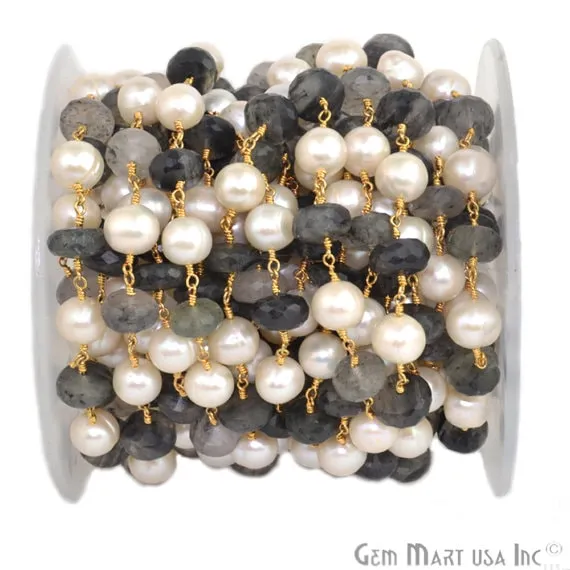 GemMartUSA Necklaces Rutilated With Pearl 89mm Beads Gold Plated Rosary Chain