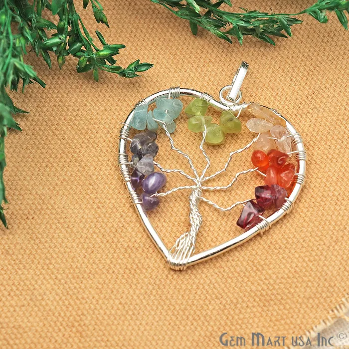 GemmartUSA Necklaces Tree of Life Multi Color Silver Heart 41x39mm Gemstone Healing Pendant