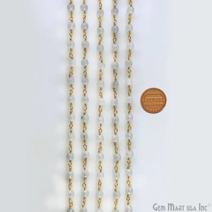 GemMartUSA Necklaces White Jade 6mm Beads Gold Plated Wire Wrapped Rosary Chain