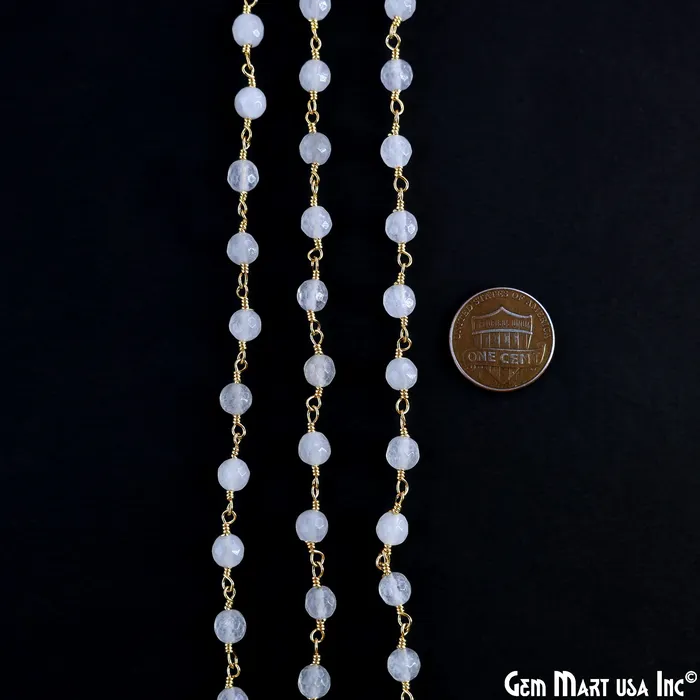 GemMartUSA Necklaces White Jade 6mm Beads Gold Plated Wire Wrapped Rosary Chain