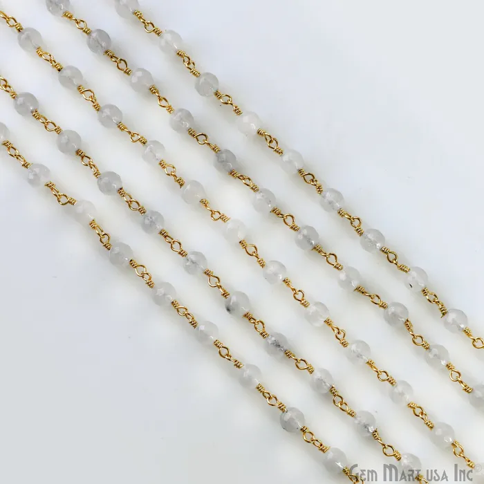 GemMartUSA Necklaces White Jade 6mm Beads Gold Plated Wire Wrapped Rosary Chain