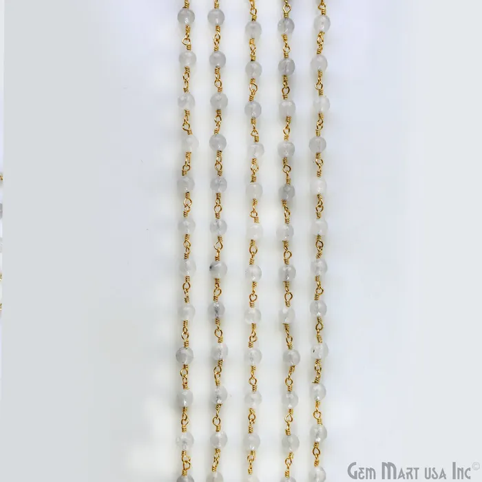 GemMartUSA Necklaces White Jade 6mm Beads Gold Plated Wire Wrapped Rosary Chain