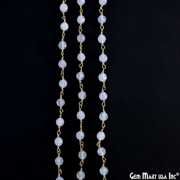 GemMartUSA Necklaces White Jade 6mm Beads Gold Plated Wire Wrapped Rosary Chain