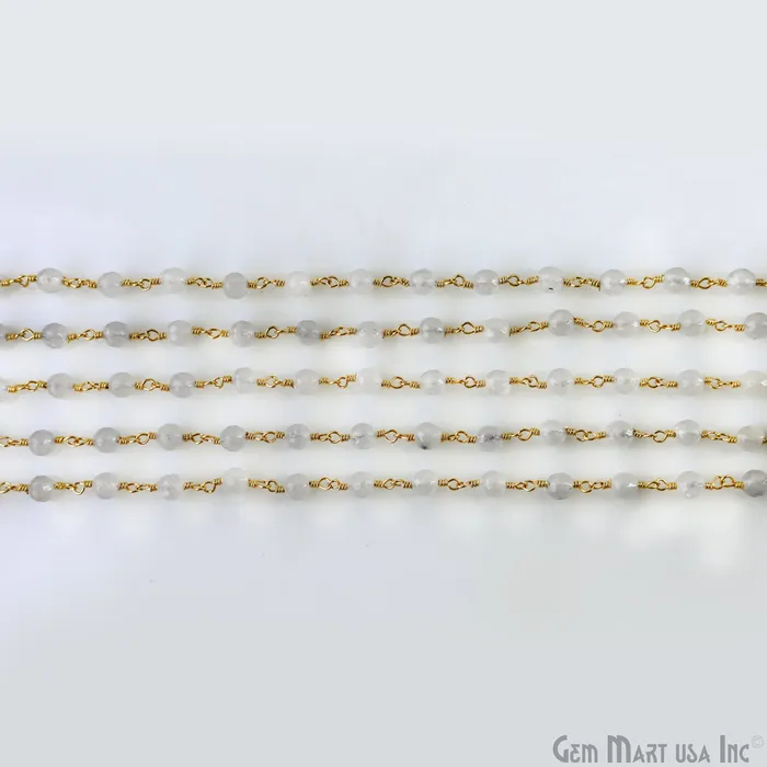 GemMartUSA Necklaces White Jade 6mm Beads Gold Plated Wire Wrapped Rosary Chain
