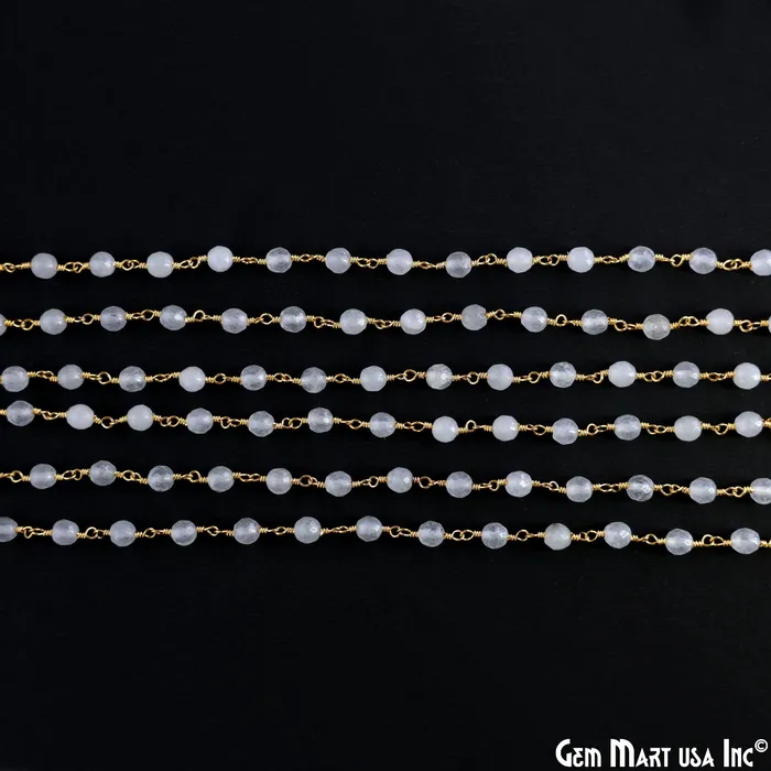 GemMartUSA Necklaces White Jade 6mm Beads Gold Plated Wire Wrapped Rosary Chain