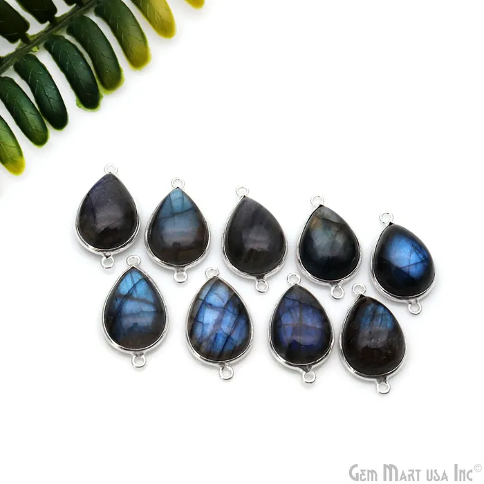 GemmartUSA Rings Flashy Labradorite Cabochon 13x18mm Pears Double Bail Silver Plated Gemstone Connector