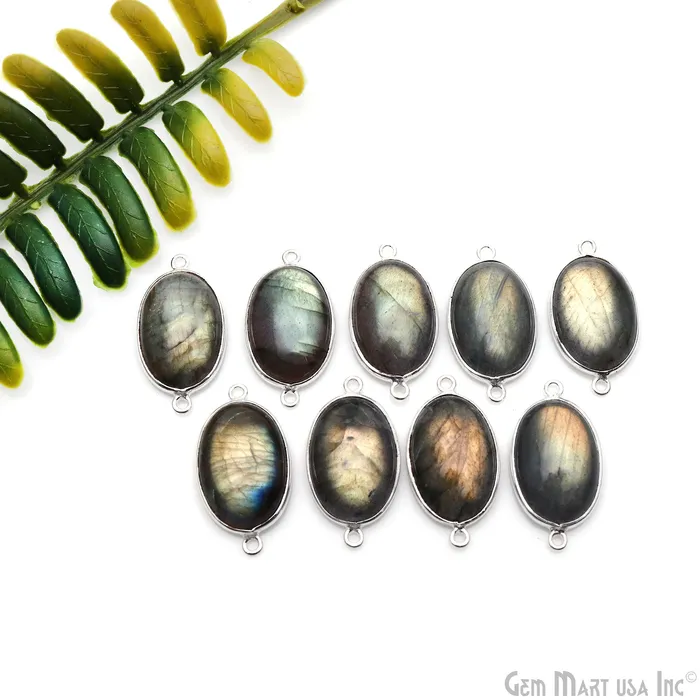 GemmartUSA Rings Flashy Labradorite Cabochon 13x20mm Oval Double Bail Silver Plated Gemstone Connector