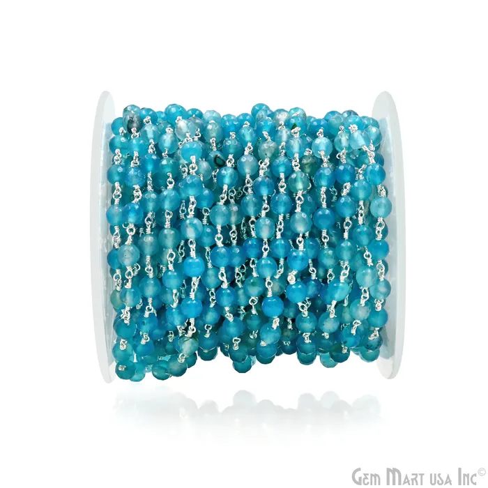 GemMartUSA Rings Shaded Blue Jade Cabochon 6mm Beads Silver Wire Wrapped Rosary Chain
