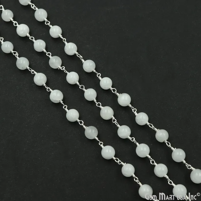 GemmartUSA Rings White Jade Smooth Beads 6mm Silver Plated Wire Wrapped Rosary Chain