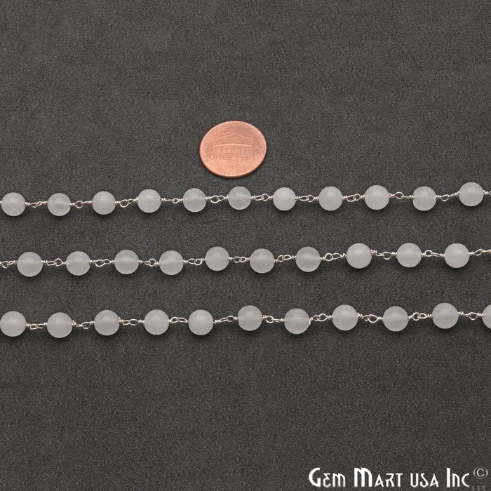 GemmartUSA Rings White Jade Smooth Beads 6mm Silver Plated Wire Wrapped Rosary Chain