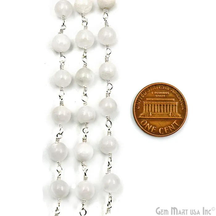 GemmartUSA Rings White Jade Smooth Beads 6mm Silver Plated Wire Wrapped Rosary Chain