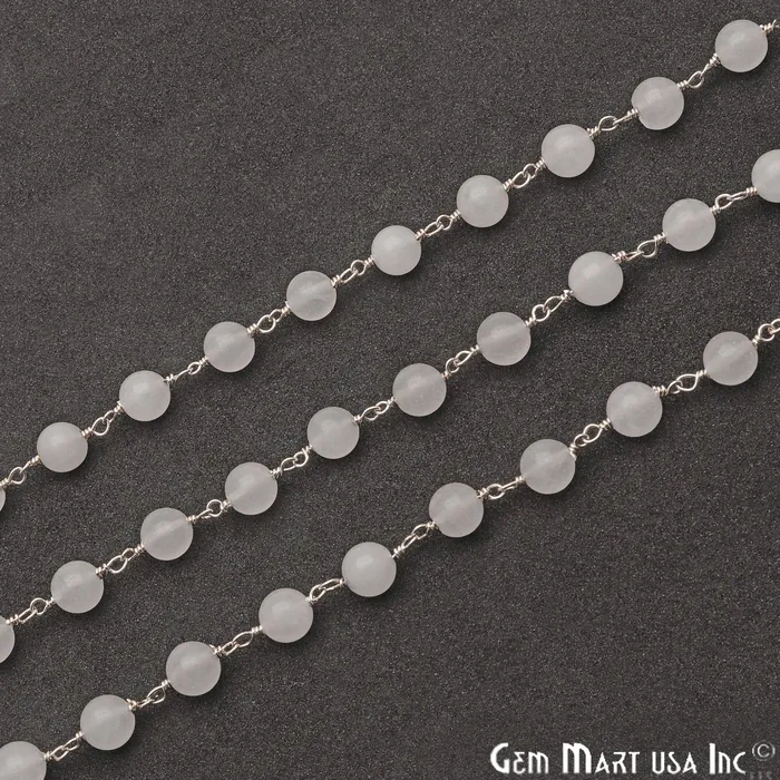 GemmartUSA Rings White Jade Smooth Beads 6mm Silver Plated Wire Wrapped Rosary Chain