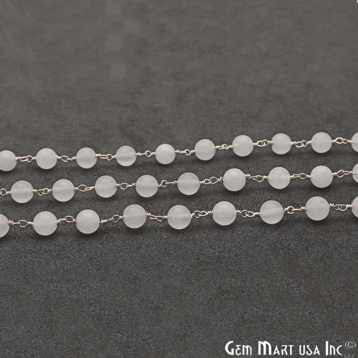 GemmartUSA Rings White Jade Smooth Beads 6mm Silver Plated Wire Wrapped Rosary Chain