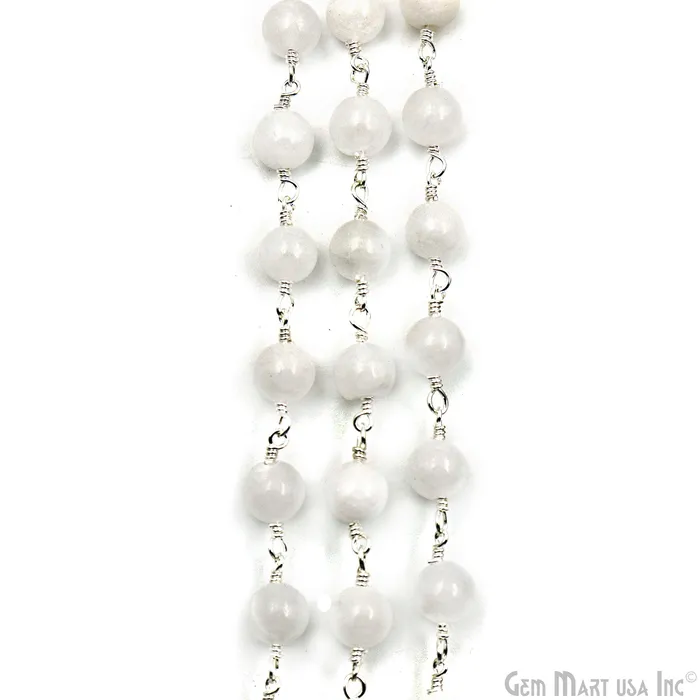 GemmartUSA Rings White Jade Smooth Beads 6mm Silver Plated Wire Wrapped Rosary Chain