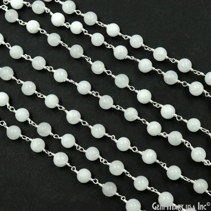 GemmartUSA Rings White Jade Smooth Beads 6mm Silver Plated Wire Wrapped Rosary Chain