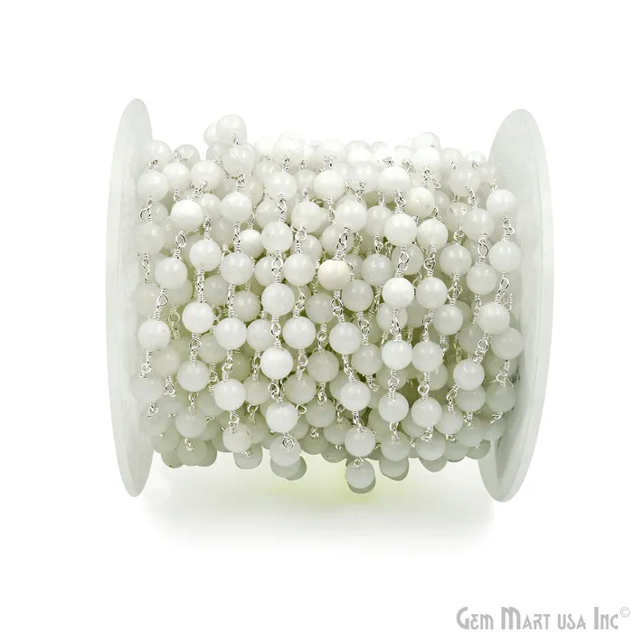 GemmartUSA Rings White Jade Smooth Beads 6mm Silver Plated Wire Wrapped Rosary Chain