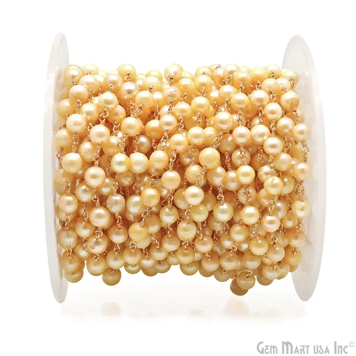 Golden Pearl Round 56mm Gold Wire Wrapped Beads Rosary Chain GemMartUSA Necklaces