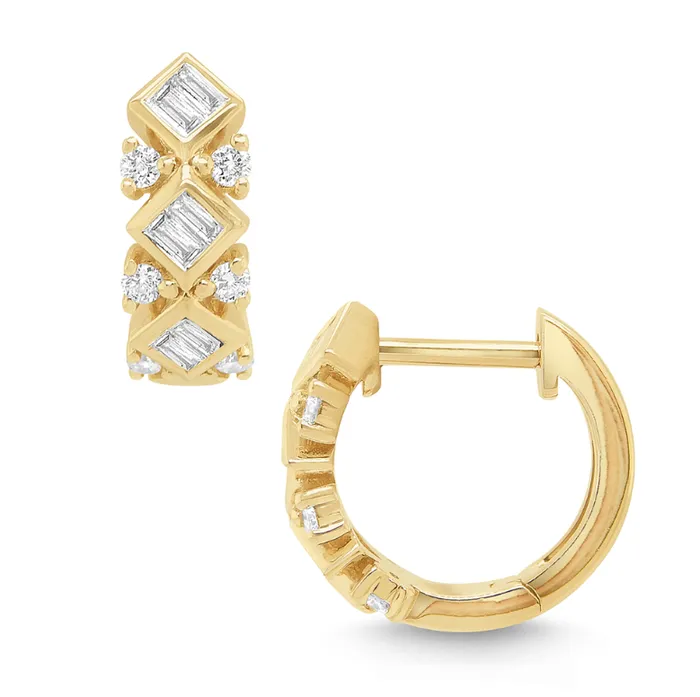 KC Designs Earrings 14k Yellow Gold Diamond Round Baguette Hoop Earrings I8282