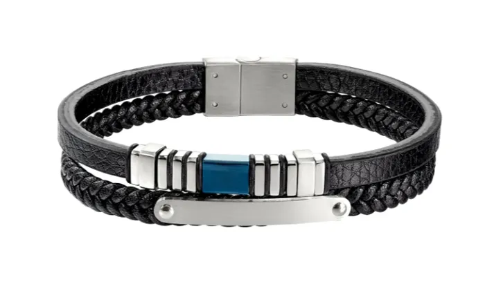 Kelly Waters Kelly Waters Mens Navy Blue Leather 2 Cord Bracelet With Blue Stainless Steel Bar I2376 Bracelets