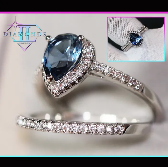 Lab Diamonds London Rings Teal Blue Diamond Ring Blue Diamond Wedding Ring Set Pear Shape Ring Teardrop Ring