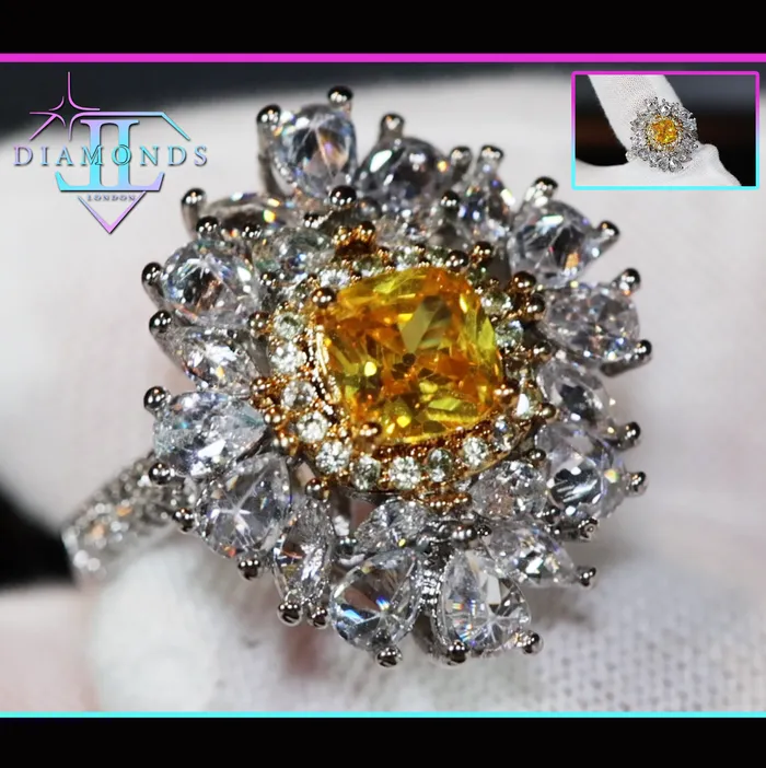 Lab Diamonds London Yellow Diamond Ring Flower Diamond Ring Yellow Diamond Ring Baguette Ring Womens Statement Ring Big Yellow Diamond Ring Rings