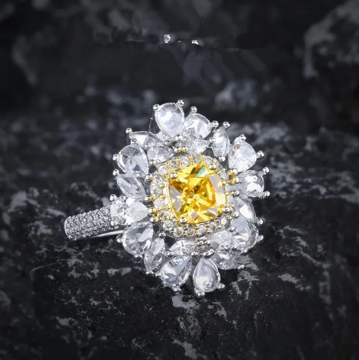 Lab Diamonds London Yellow Diamond Ring Flower Diamond Ring Yellow Diamond Ring Baguette Ring Womens Statement Ring Big Yellow Diamond Ring Rings