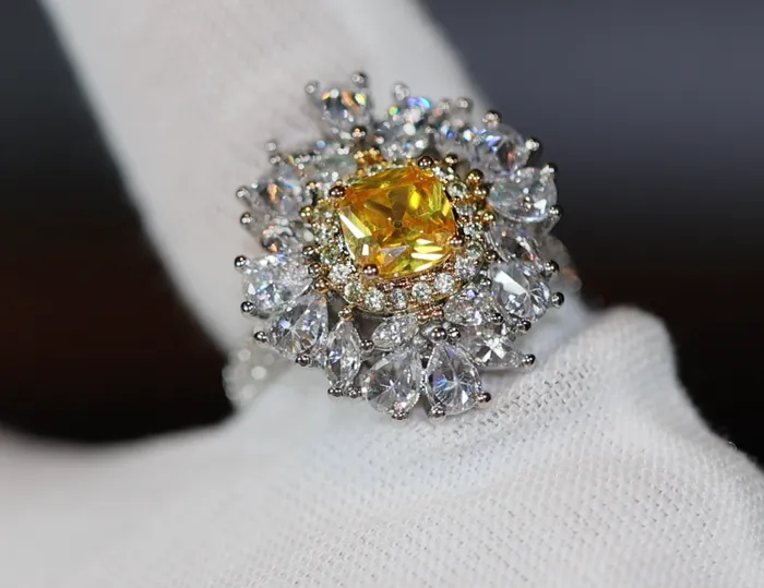 Lab Diamonds London Yellow Diamond Ring Flower Diamond Ring Yellow Diamond Ring Baguette Ring Womens Statement Ring Big Yellow Diamond Ring Rings