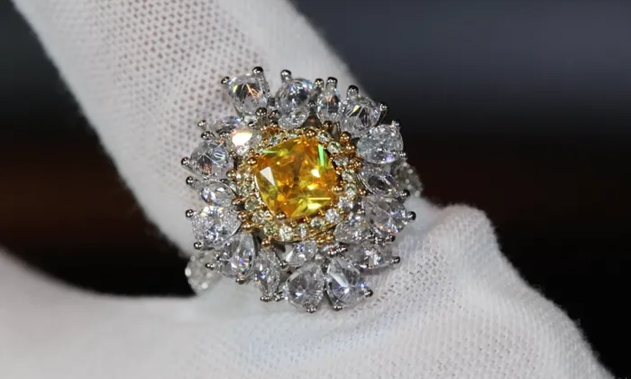 Lab Diamonds London Yellow Diamond Ring Flower Diamond Ring Yellow Diamond Ring Baguette Ring Womens Statement Ring Big Yellow Diamond Ring Rings