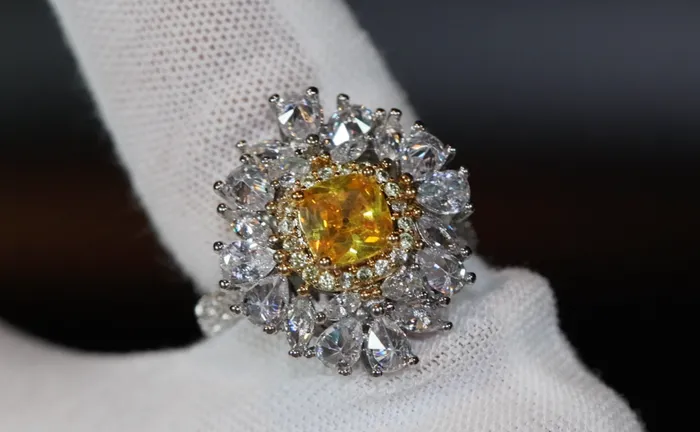 Lab Diamonds London Yellow Diamond Ring Flower Diamond Ring Yellow Diamond Ring Baguette Ring Womens Statement Ring Big Yellow Diamond Ring Rings