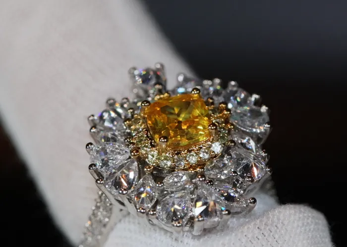 Lab Diamonds London Yellow Diamond Ring Flower Diamond Ring Yellow Diamond Ring Baguette Ring Womens Statement Ring Big Yellow Diamond Ring Rings