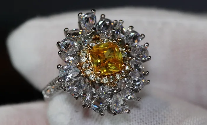 Lab Diamonds London Yellow Diamond Ring Flower Diamond Ring Yellow Diamond Ring Baguette Ring Womens Statement Ring Big Yellow Diamond Ring Rings