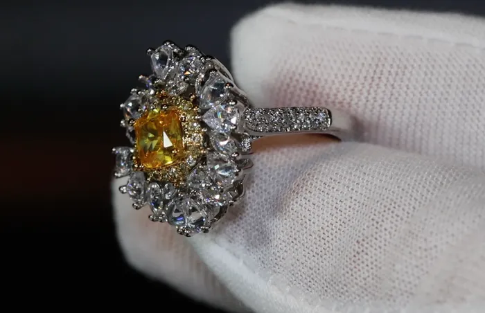 Lab Diamonds London Yellow Diamond Ring Flower Diamond Ring Yellow Diamond Ring Baguette Ring Womens Statement Ring Big Yellow Diamond Ring Rings