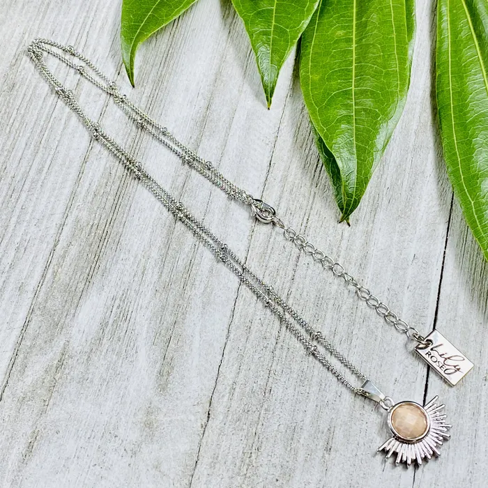 Lily Rose Jewelry NEW STONE Sunstone Ray of Light Sunburst Confidence Sun Pendant 18 White Gold Necklace Necklaces