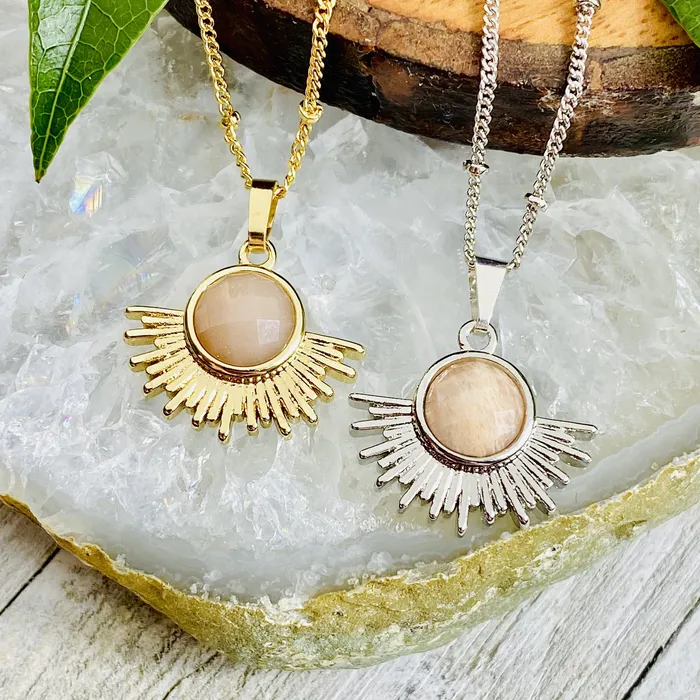 Lily Rose Jewelry NEW STONE Sunstone Ray of Light Sunburst Confidence Sun Pendant 18 White Gold Necklace Necklaces