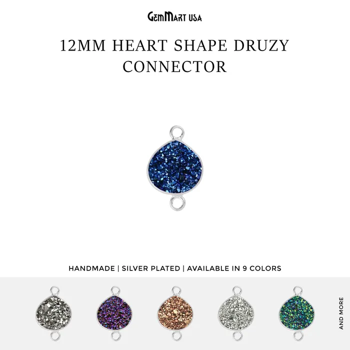 Natural Titanium Druzy 12mm Silver Double Bail Heart Bezel Connector GemMartUSA Necklaces
