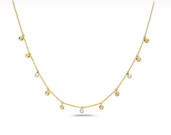 Necklaces 14k Gold Bezel Set Diamond Freshwater Pearl Dangle Station Necklace Bassali