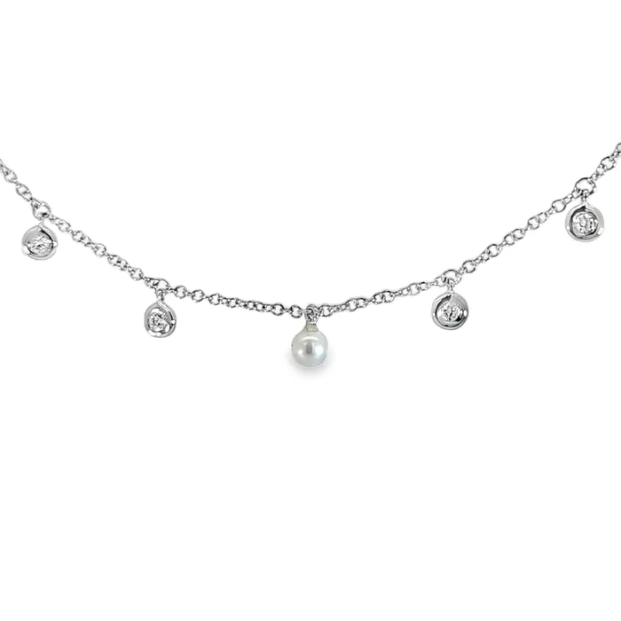 Necklaces 14k Gold Bezel Set Diamond Freshwater Pearl Dangle Station Necklace Bassali
