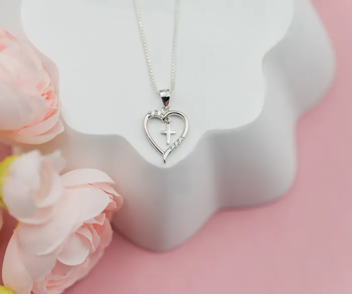 Necklaces Cherished Moments Timeless First Communion Cross Heart Necklace Gift for Girls