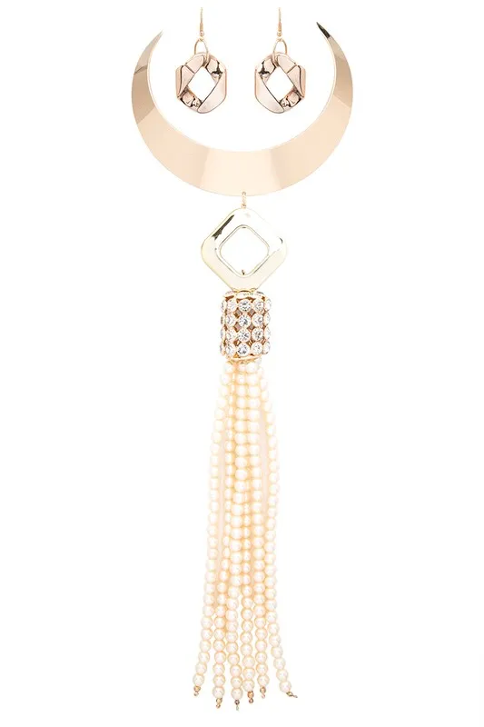 Necklaces Fringe Pearl Tassel Statement Collar Necklace Set LA Jewelry Plaza