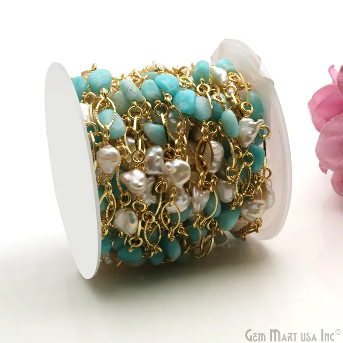 Necklaces GemMartUSA Amazonite Pearl With Gold Marquise Finding Rosary Chain