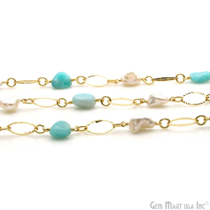 Necklaces GemMartUSA Amazonite Pearl With Gold Marquise Finding Rosary Chain