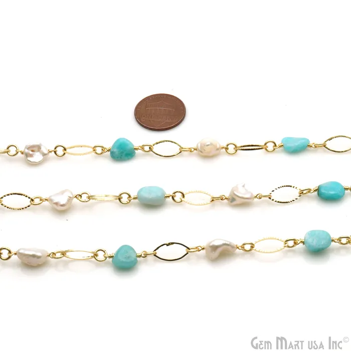 Necklaces GemMartUSA Amazonite Pearl With Gold Marquise Finding Rosary Chain