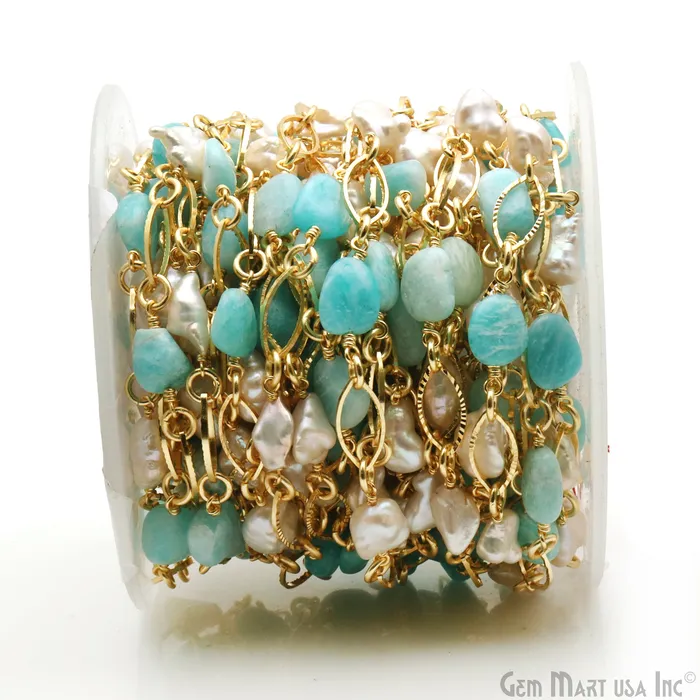 Necklaces GemMartUSA Amazonite Pearl With Gold Marquise Finding Rosary Chain