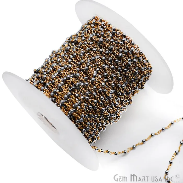 Necklaces GemmartUSA Gray Pyrite Tiny Smooth Round Beads Gold Wire Wrapped Rosary Chain