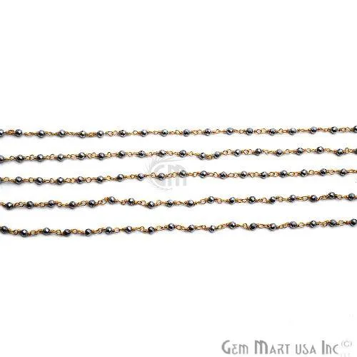 Necklaces GemmartUSA Gray Pyrite Tiny Smooth Round Beads Gold Wire Wrapped Rosary Chain Necklaces GemmartUSA Gray Pyrite Tiny Smooth Round Beads Gold Wire Wrapped Rosary Chain